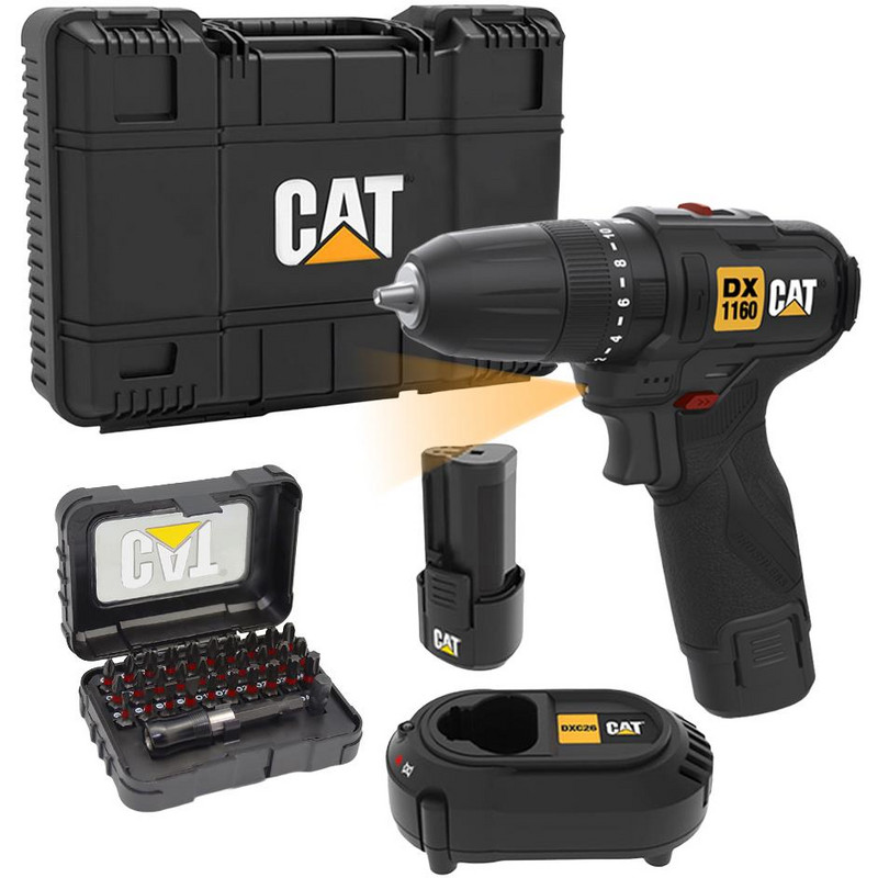 CAT DX1160 12Volt/2.0Ah Li-ion Çift Akülü Kömürsüz Şarjlı Darbeli Matkap + DA01901 32 Parça Uç Seti Uç Seti